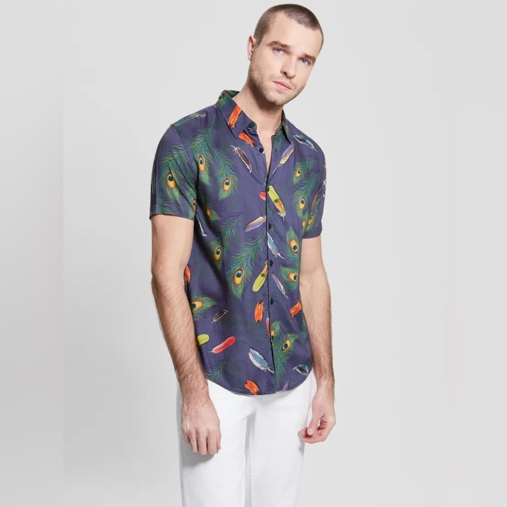 New GUESS SS ECO RAYON FEATHR SHIRT SZ L